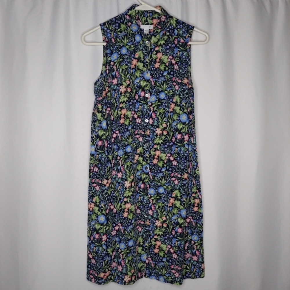 J Jill Sleeveless Shirt Dress XS Blue Ditsy Floral Button‎ Collar Aline Midi